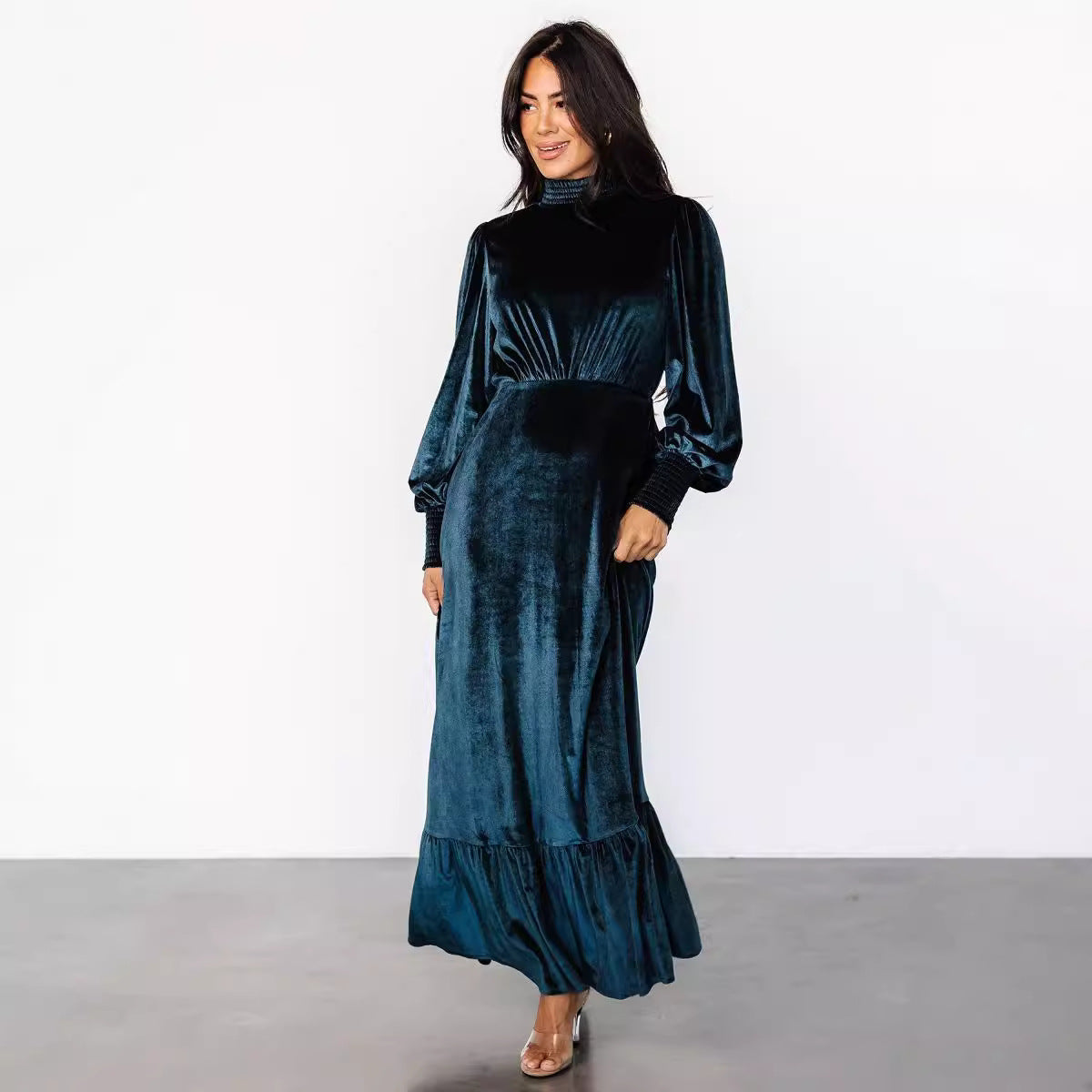 Women's Drawstring Sleeve Dress Half Turtleneck High Waist Dresses