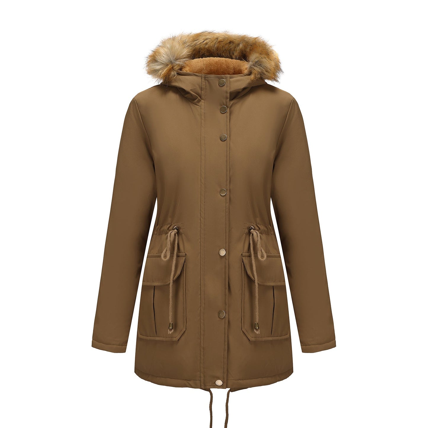 Women's Fleece-lined Parka Hooded With Fur Collar Mid-length Coats