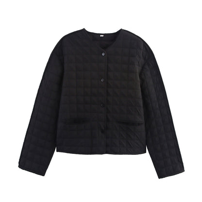 Round Neck Long Sleeve Single-breasted Plaid Coats