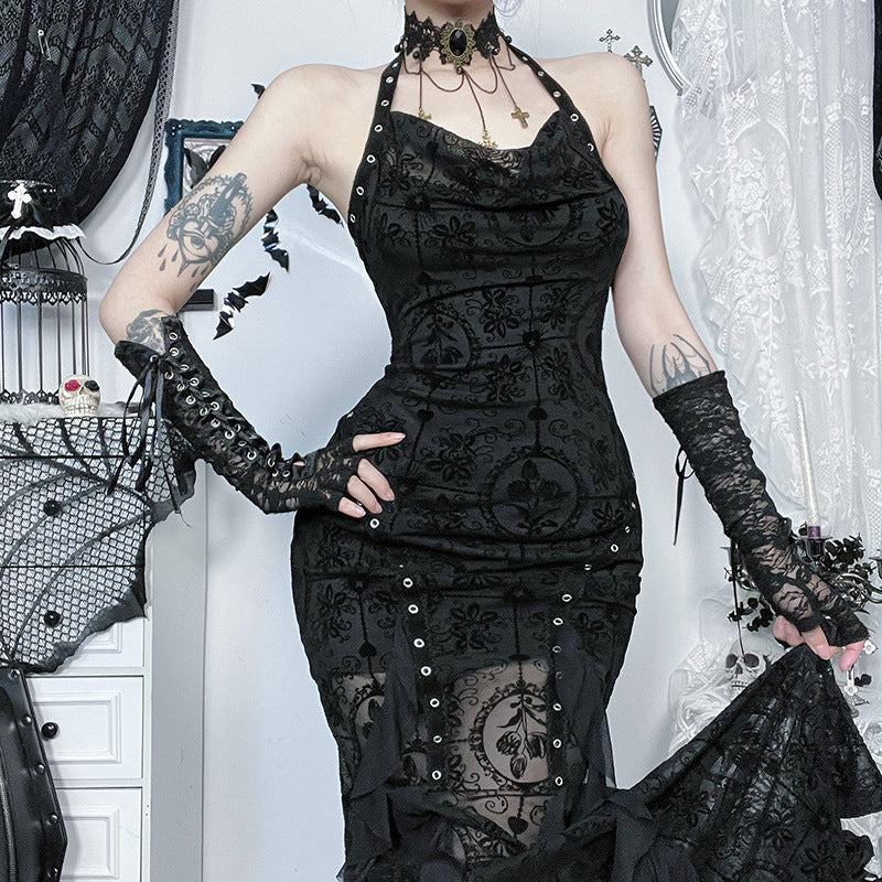 Flocking Swing Collar Suspender Dress Dark Dresses