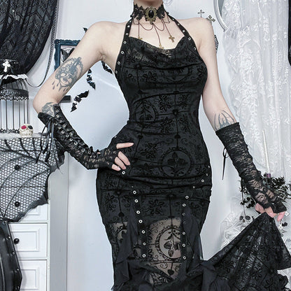 Flocking Swing Collar Suspender Dress Dark Dresses