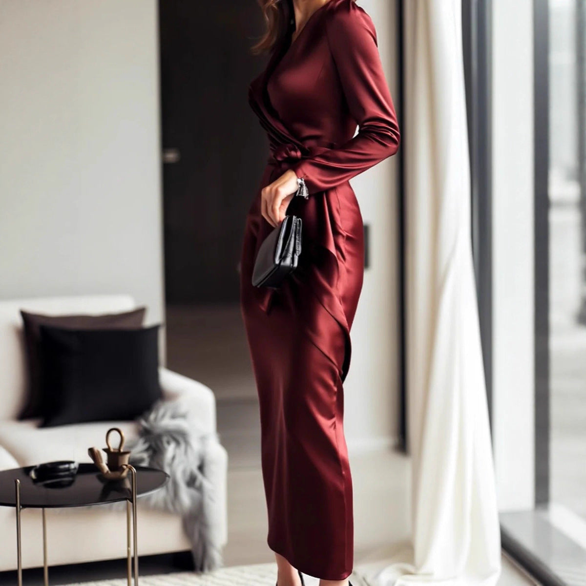Women's Mid-length Dress Deep Satin Dinner Elegant Dresses