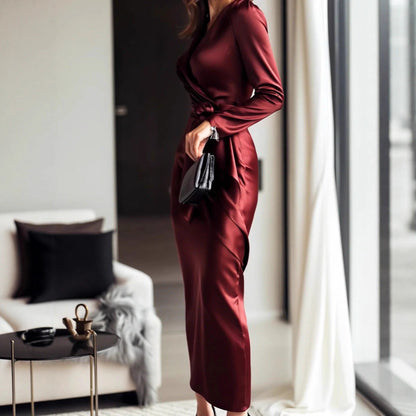 Women's Mid-length Dress Deep Satin Dinner Elegant Dresses