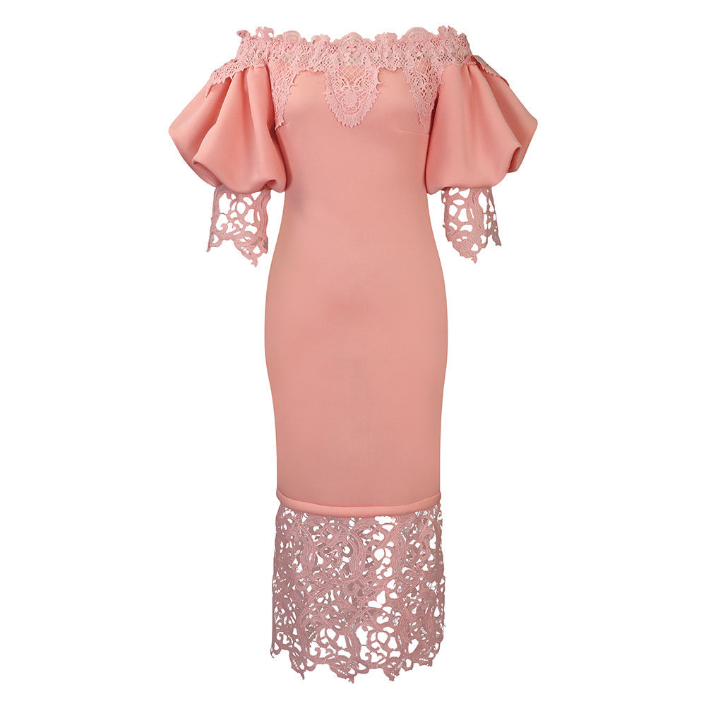 Women's Lace Stitching Banquet Dress Lantern Sleeve Dresses