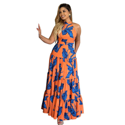 Women's Printed Elegant Halter Large Swing Dress Dresses