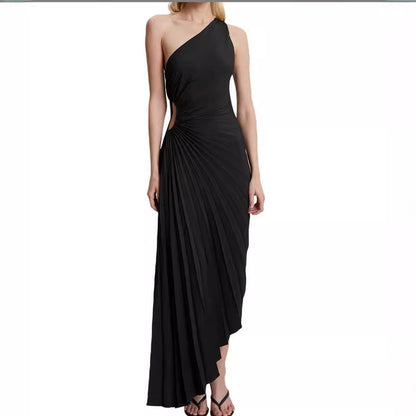 Women's Diagonal Collar Pleated Hollow Dress Satin Dresses