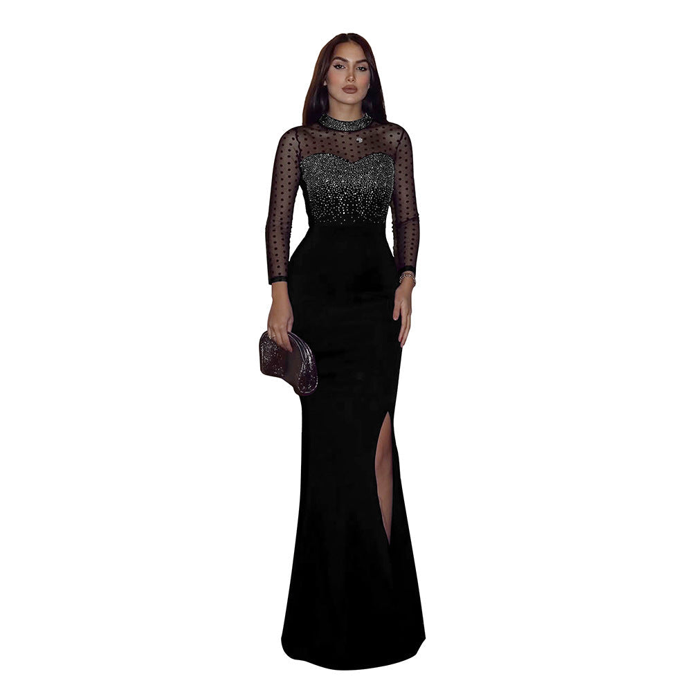 Women's Rhinestone Mesh Long Sleeve Patchwork Split Dress Slim Dresses