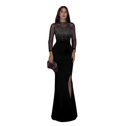 Women's Rhinestone Mesh Long Sleeve Patchwork Split Dress Slim Dresses