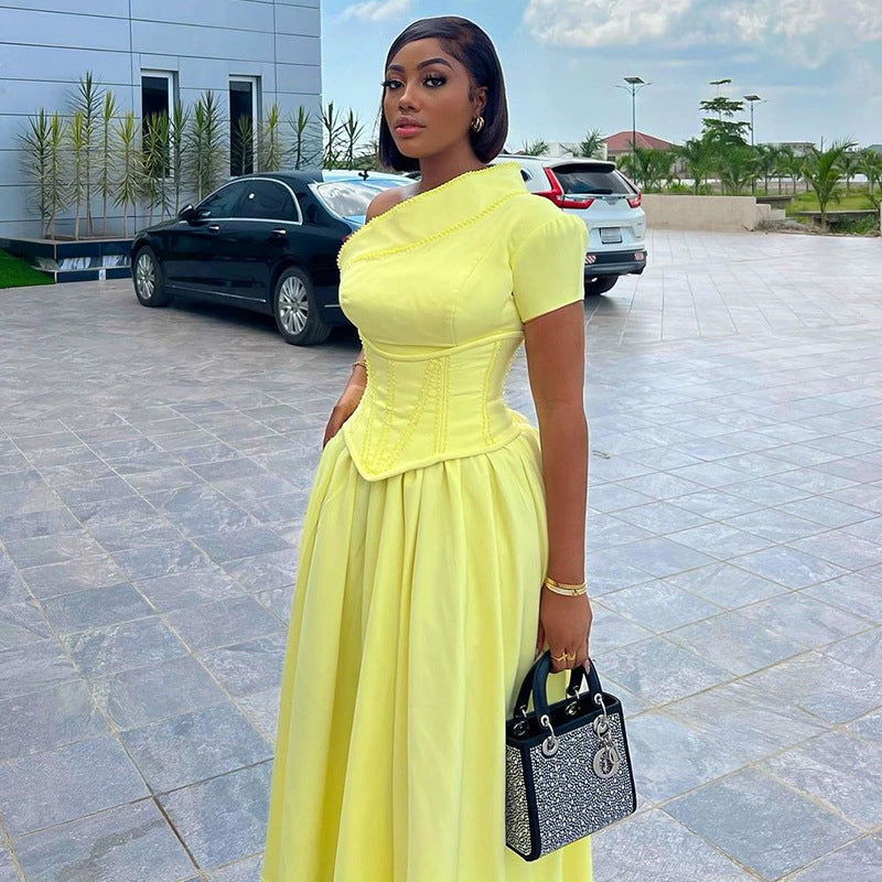 Women's Summer Diagonal Collar Sleeve Waist Seal Dresses