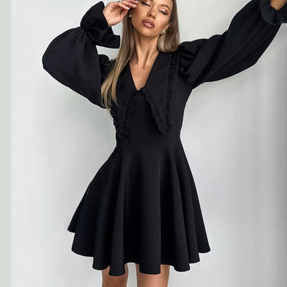 Women's Collar Bell Sleeve French Style Long Dresses