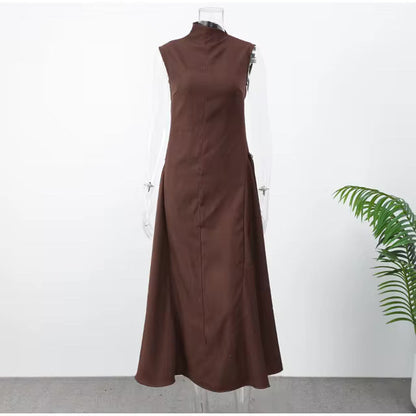 Women's High-grade Metal Button Symmetrical Pleated Sleeveless Dresses