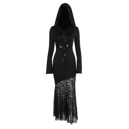Women's Lace Cross Hollow Out Stitching Long Sleeve Dresses