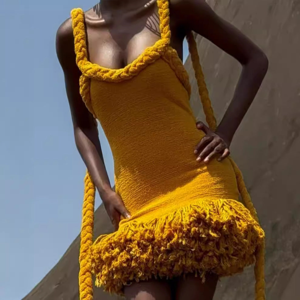 Hand-woven Twine Rope Shoulder Strap Tassel Dresses
