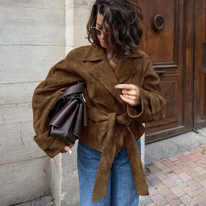 Women's Suede Retro Commuter Brown Collar High-grade Coats