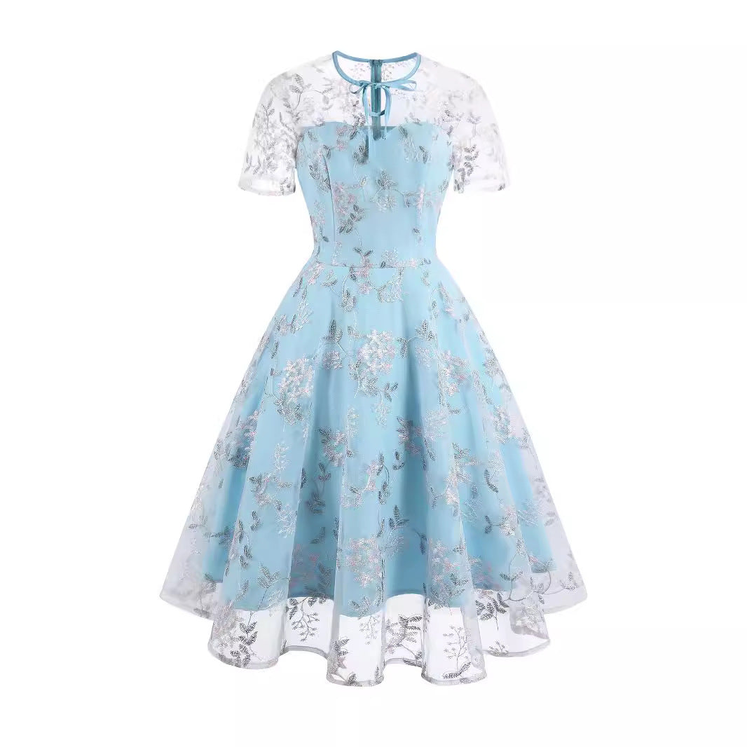 Women's Fashion Mesh Embroidered Dress Summer Sleeve Dresses