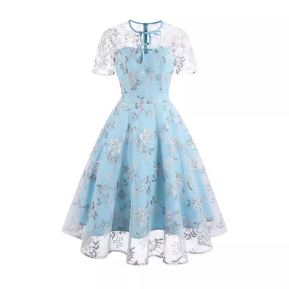 Women's Fashion Mesh Embroidered Dress Summer Sleeve Dresses