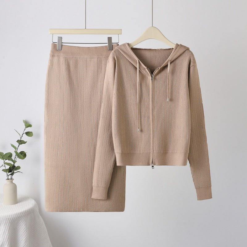 Women's Casual Hot Drilling Hooded Two-piece Dress Suits