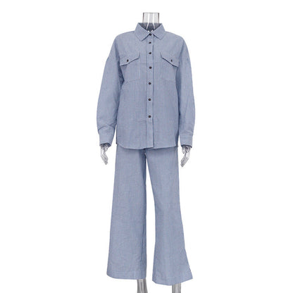 Women's Striped Lapel Shirt Long Sleeve Wide Leg Loose Suits