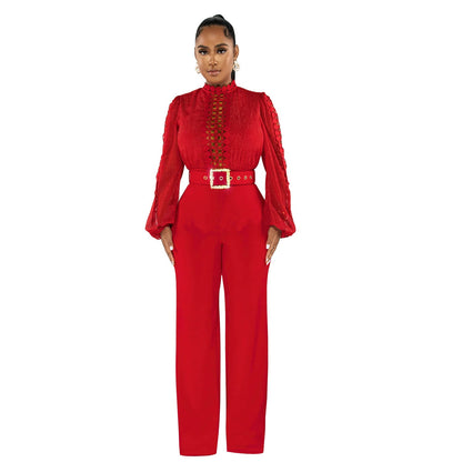 Women's Wear Belt Lace Cutout Solid Color Suits