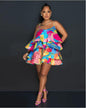 Women's Layered Printed Plastic Fishbone Suspender Dress Dresses