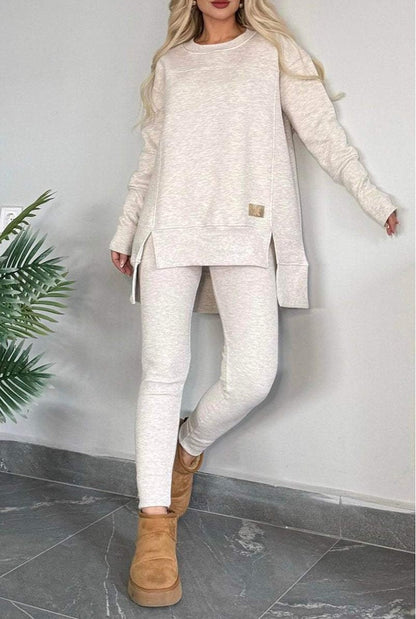 Women's Slit Long Sleeve Crew Neck Casual Suits