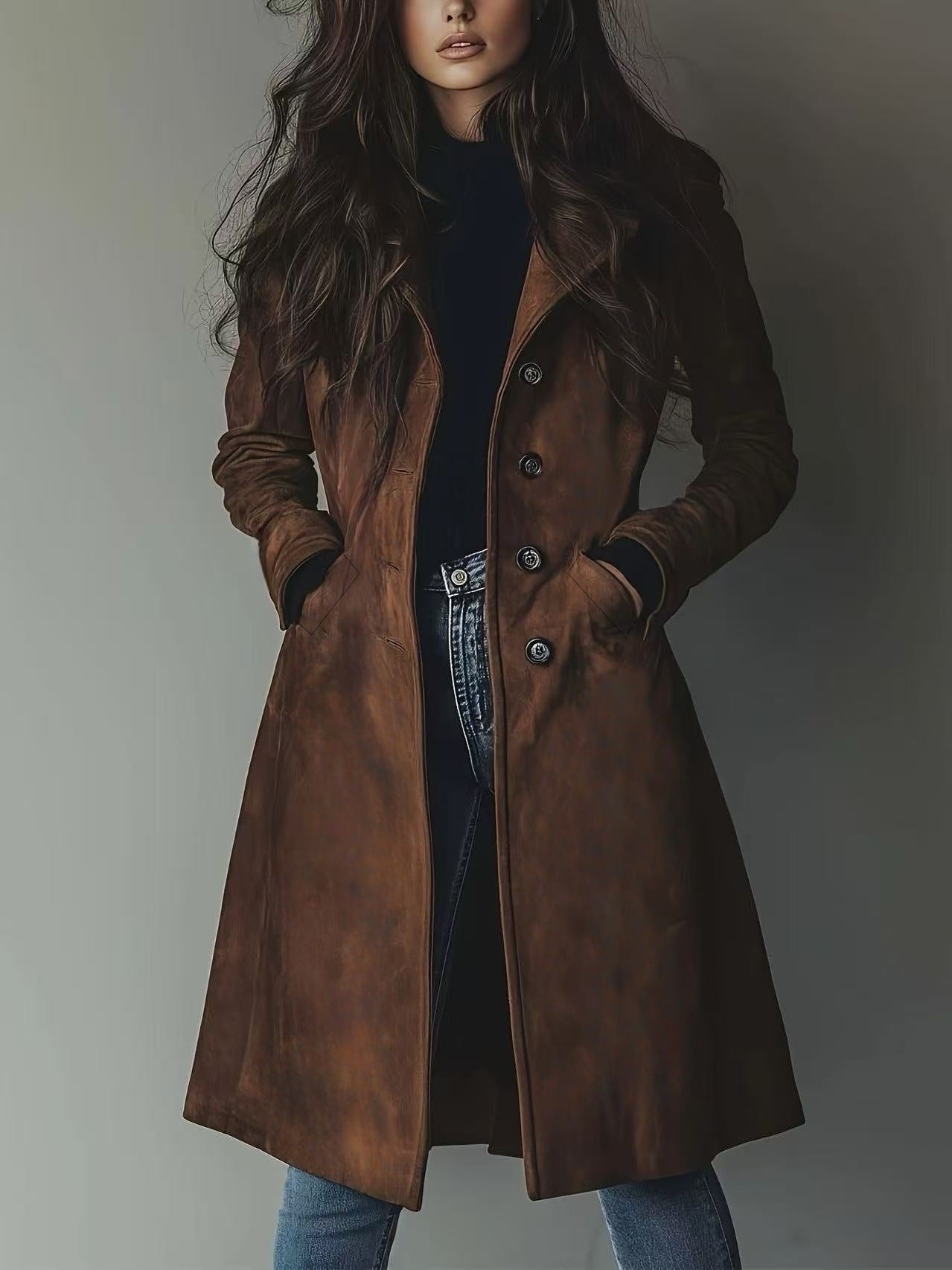 Women's Lapel Western Style Suede Long Trench Coats
