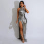 Women's High Slit Solid Color Rhinestone Dress Clothing