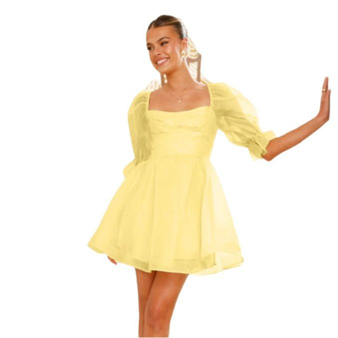 Women's Organza Solid Color Retro Puff Sleeve Dresses