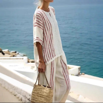 Women's Round Neck Striped Sleeve Cotton Linen Suits