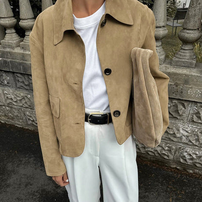Women's Autumn Fashion Brown Suede Polo Collar Coats