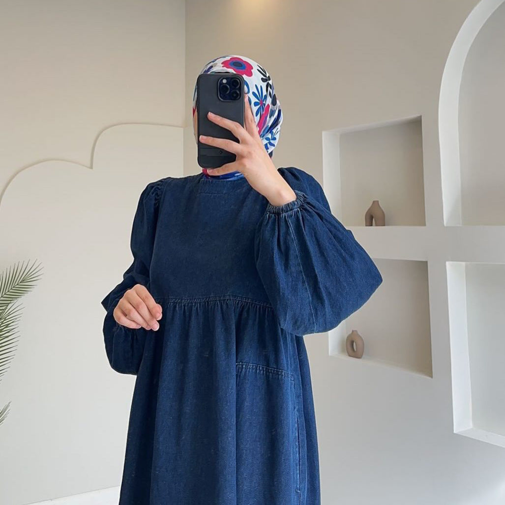 Women's Color Round Neck Lantern Sleeve Loose Dresses