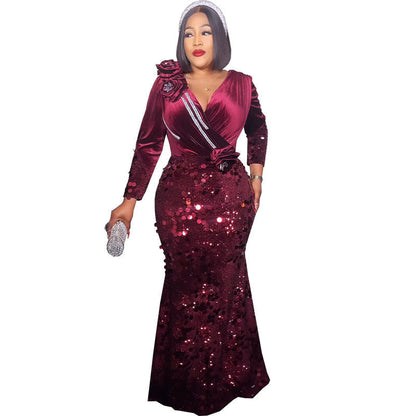 Luxury African Fashion Slim Veet Sequined Dresses