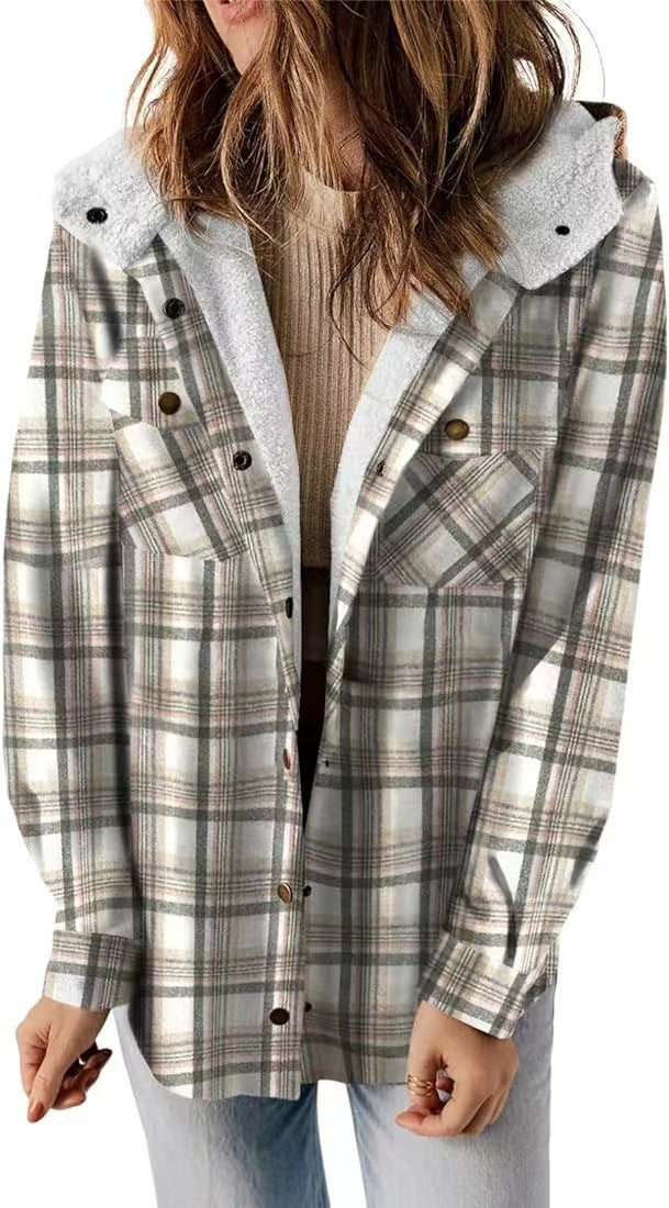 Women's Casual Plaid Hooded Woolen Fleece-lined Warm Coats
