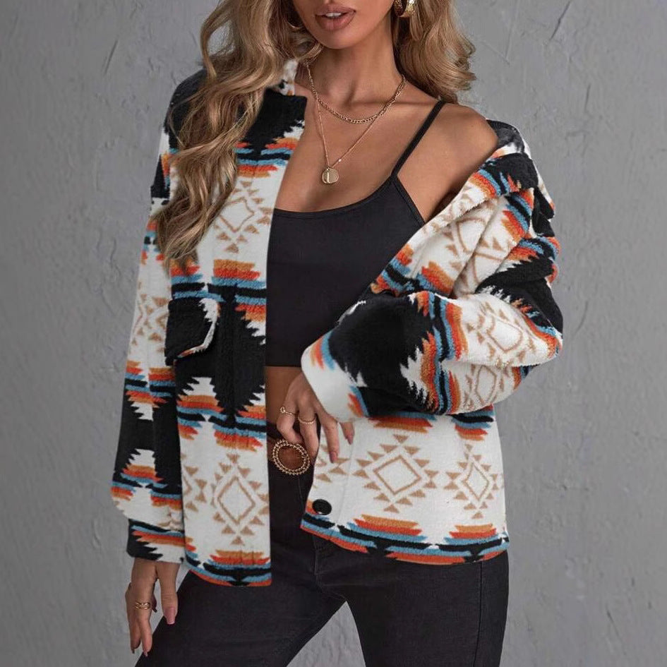 Women's Elegant Plush Casual Printed Long-sleeved Coats