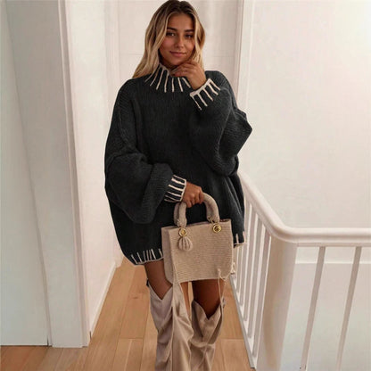 Women's Turtleneck Design Contrast Color Loose Pullover Sweaters