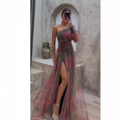 Women's Shoulder Long Sleeve Floral Yarn Dress Dresses