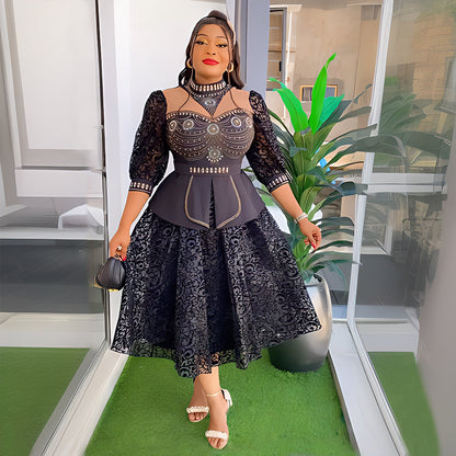 Women's African Rhinestone Bubble Beads Drawstring Lace Dresses