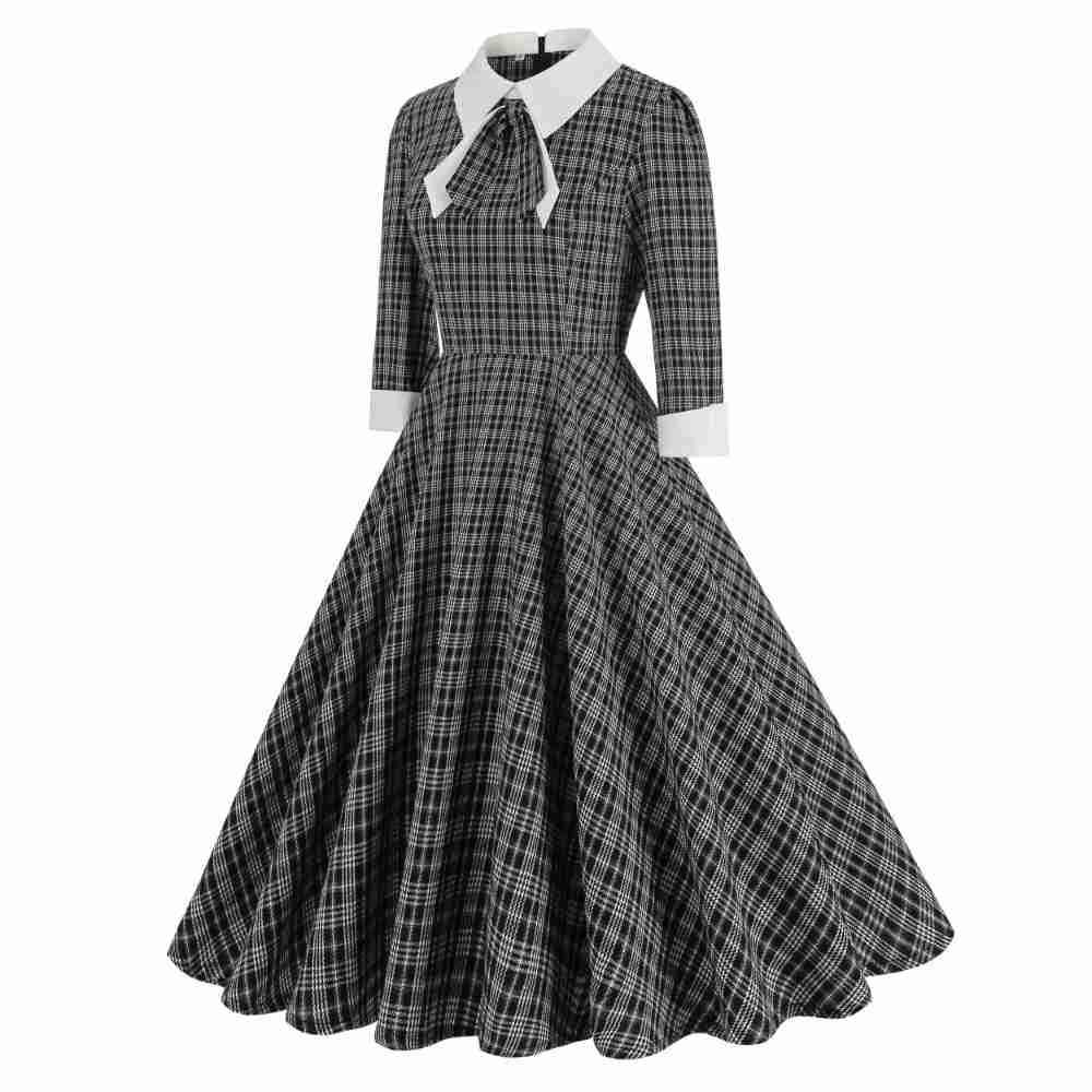 Women's Hepburn Style Retro British Lattice Contrast Color Collar Bow Dresses