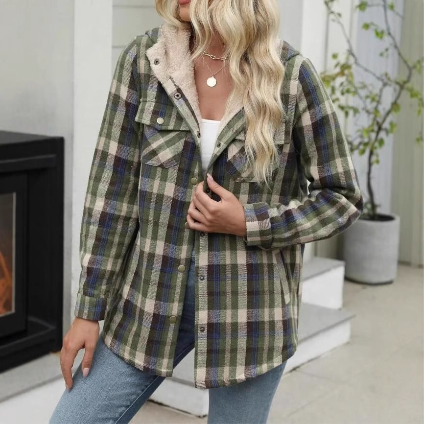 Women's Plaid Long Sleeve Furry Hooded With Jackets