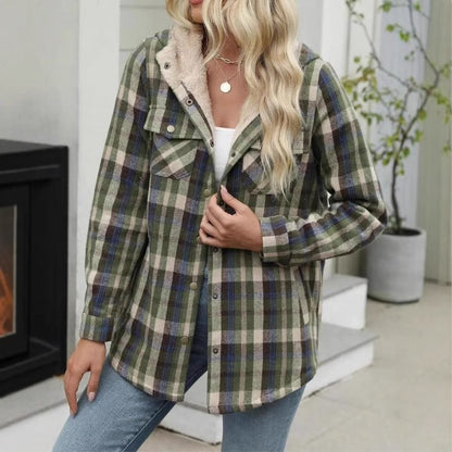 Women's Plaid Long Sleeve Furry Hooded With Jackets