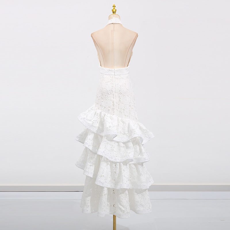 French Elegant Ruffled Long Dress Pure White Dresses