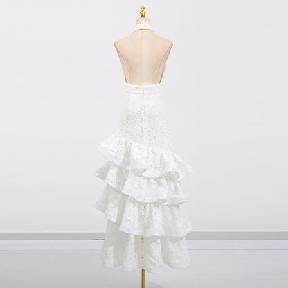 French Elegant Ruffled Long Dress Pure White Dresses