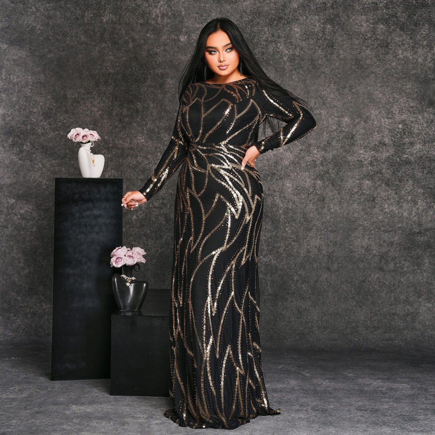Women's Long Style Sleeve Round Neck Banquet Sexy Dresses