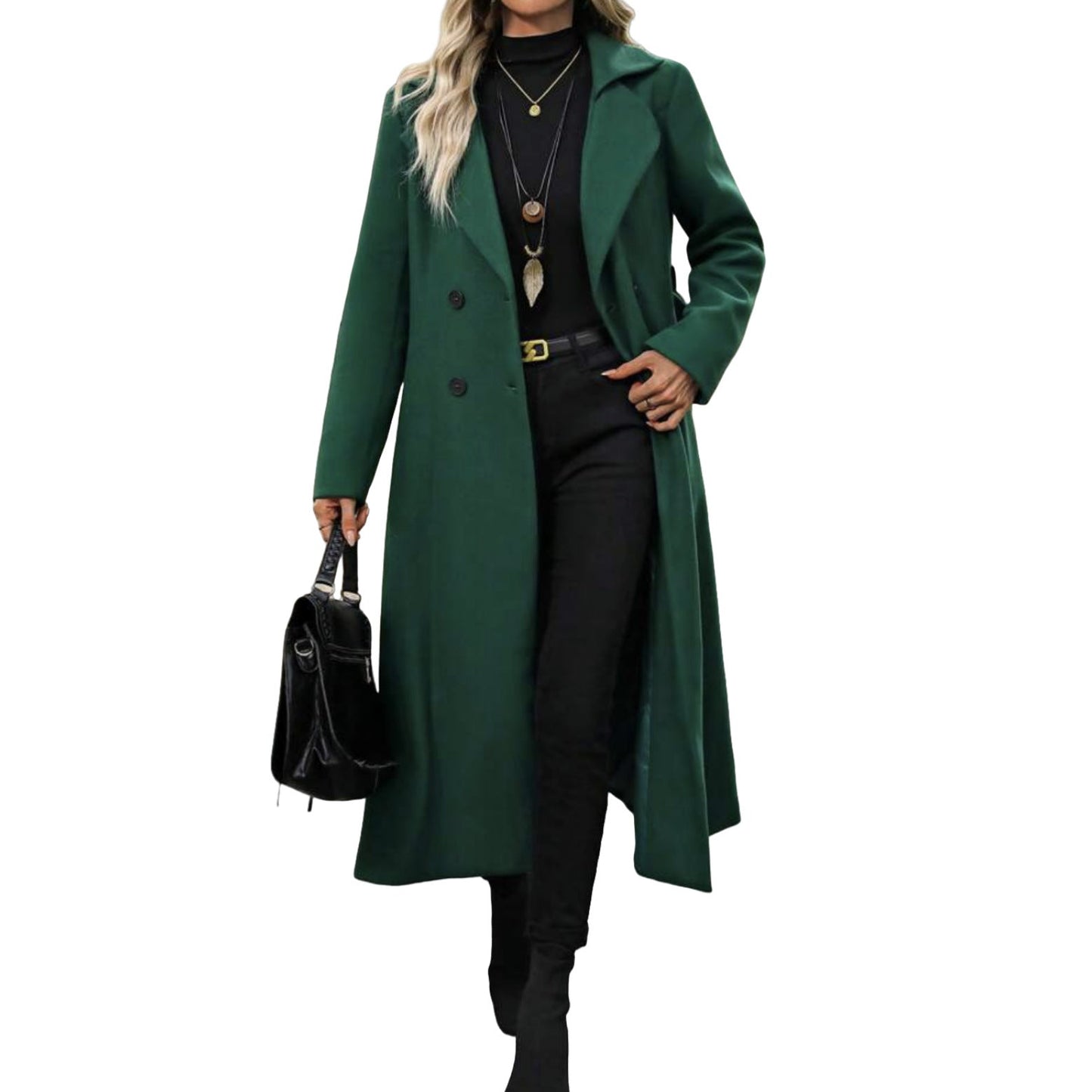 Women's Lapel Woolen Lace Up Double Breasted Extended Coats