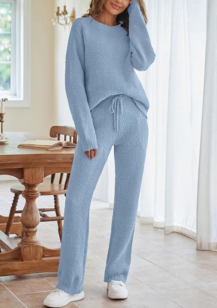 Women's Color Round Neck Long Sleeve Trousers Suits