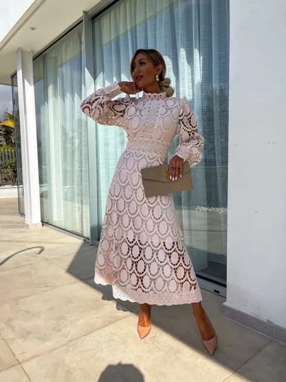 Women's Autumn Sexy Hollow Long-sleeved Stand Collar Dresses