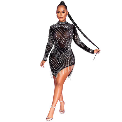 Nightclub Mesh Rhinestone Bubble Bead Tassel Dresses