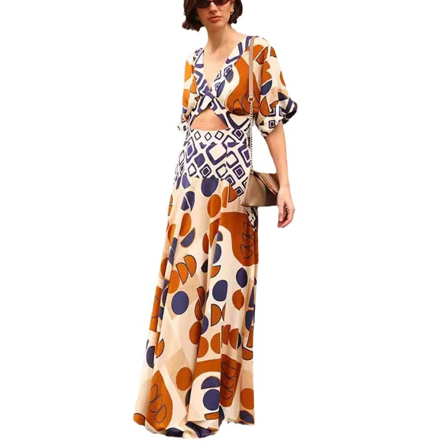 Women's Collar Waist Trimming Printing Dress Two-piece Dresses