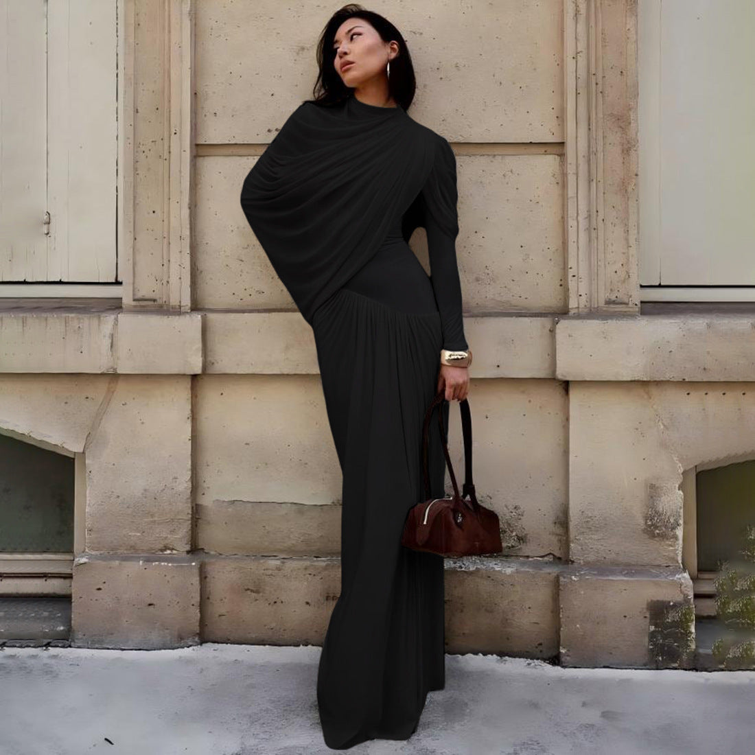 Women's Neck Waist Trimming Pleated Long-sleeved Dress Dresses