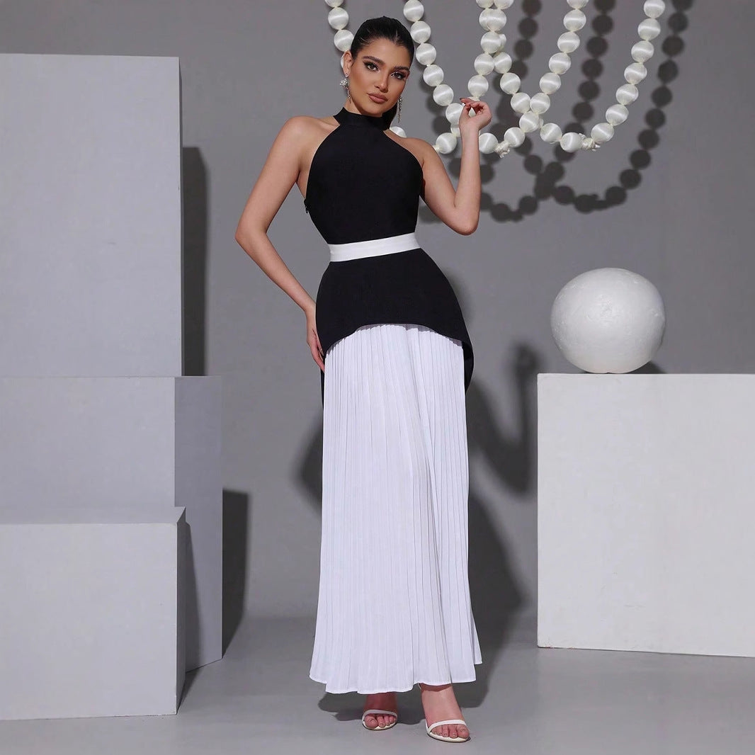 Women's Luxury Black White Contrast Color Long Pleated Skirts